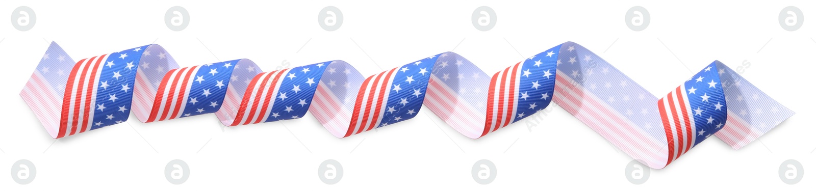 Photo of Ribbon in colors of American flag isolated on white, top view