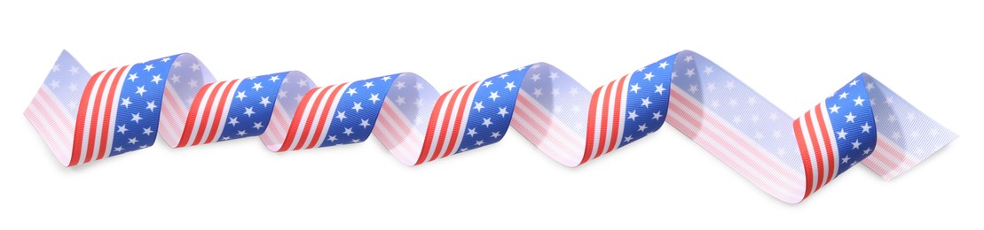 Ribbon in colors of American flag isolated on white, top view