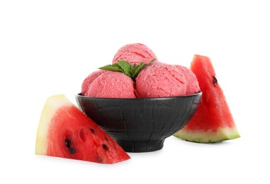 Photo of Scoops of tasty watermelon sorbet in bowl, fresh fruit and mint isolated on white