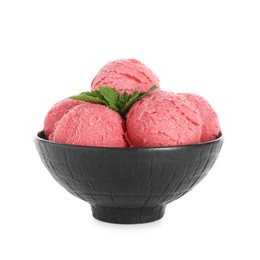 Photo of Scoops of tasty watermelon sorbet in bowl and mint isolated on white