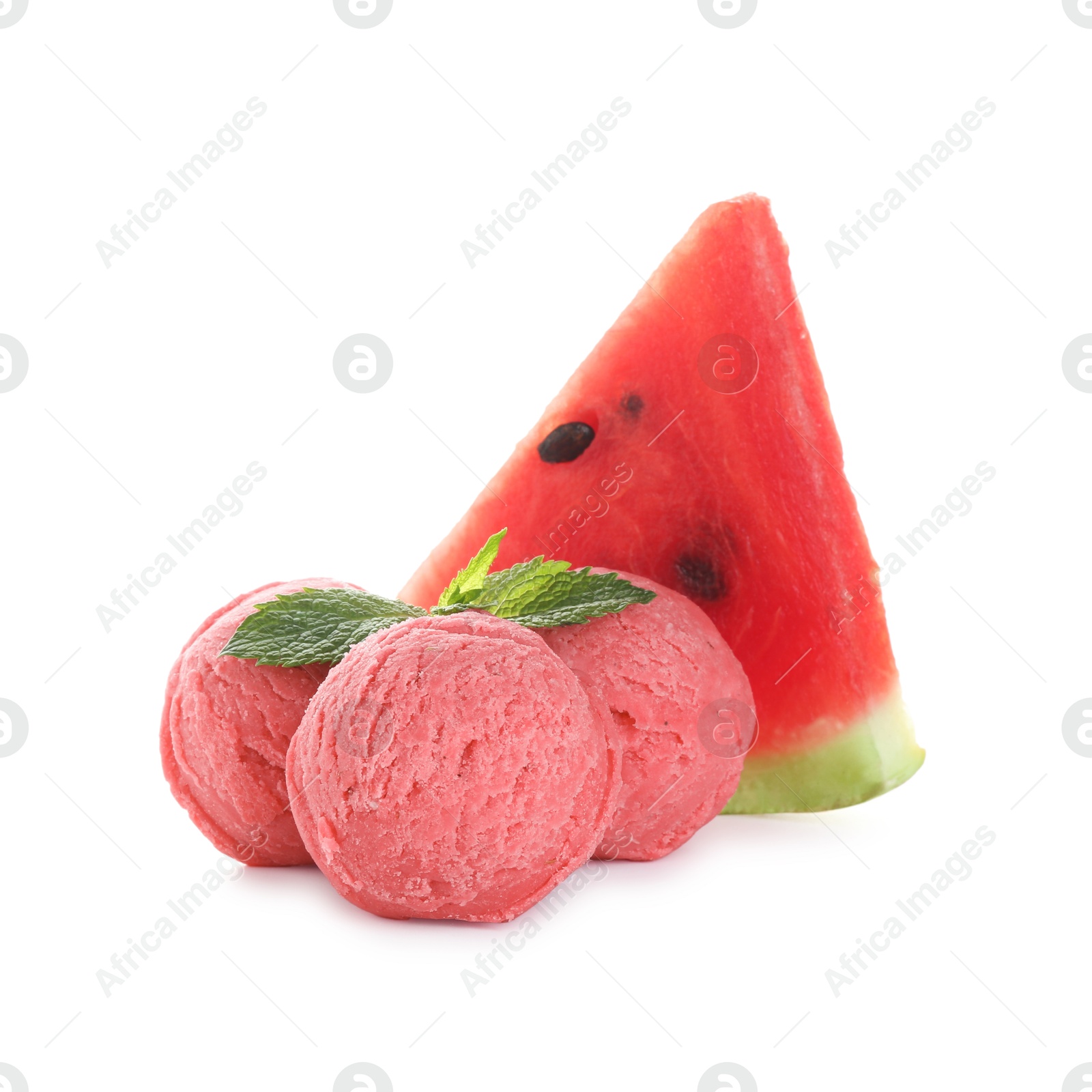 Photo of Scoops of tasty watermelon sorbet, fresh fruit and mint isolated on white