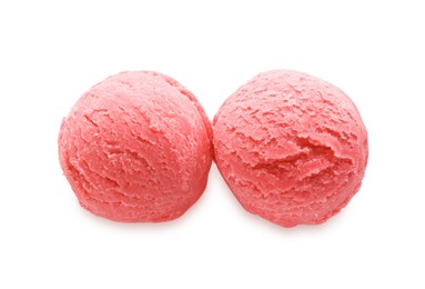 Photo of Scoops of tasty watermelon sorbet isolated on white, top view