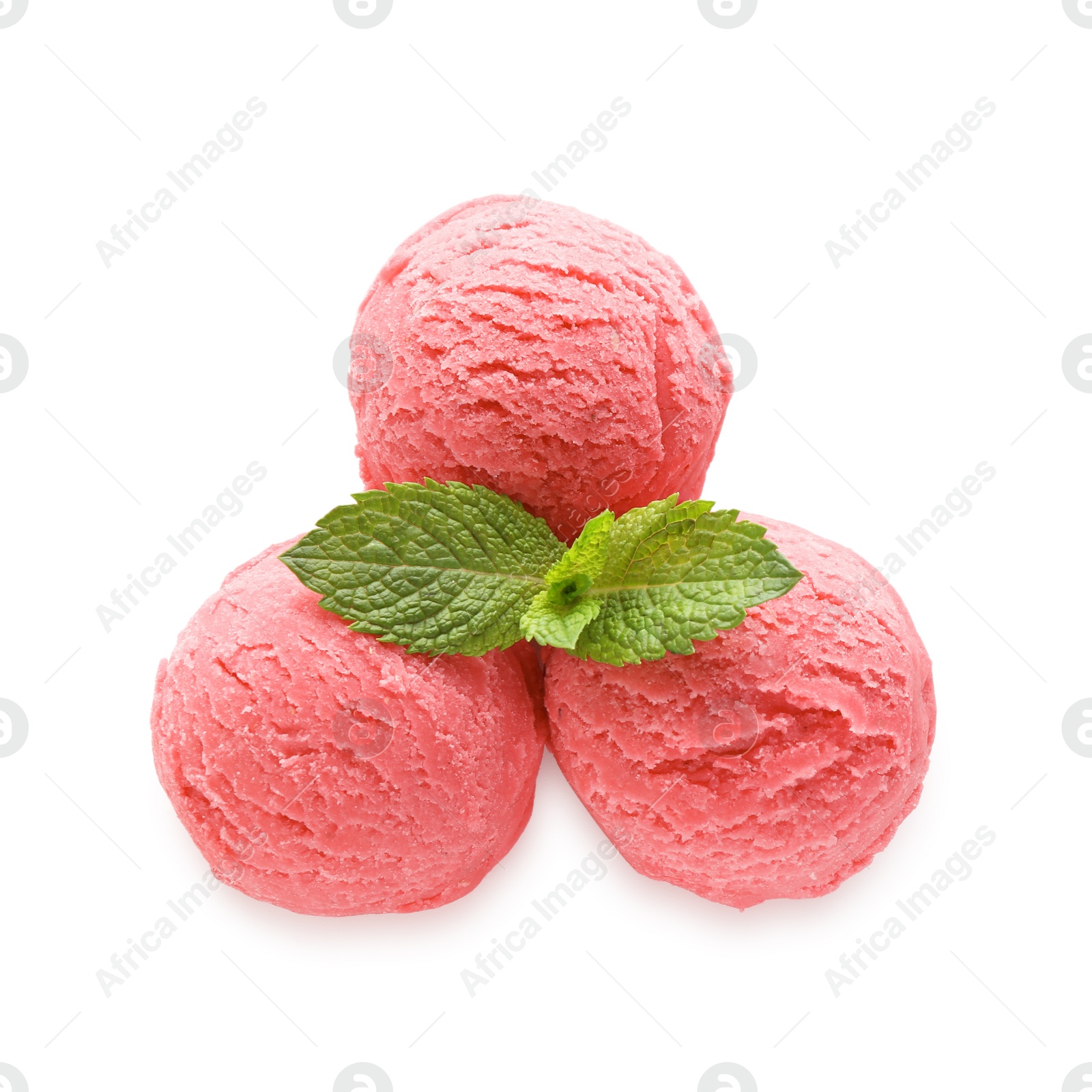 Photo of Scoops of tasty watermelon sorbet and mint isolated on white, top view