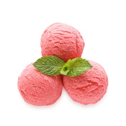 Photo of Scoops of tasty watermelon sorbet and mint isolated on white, top view