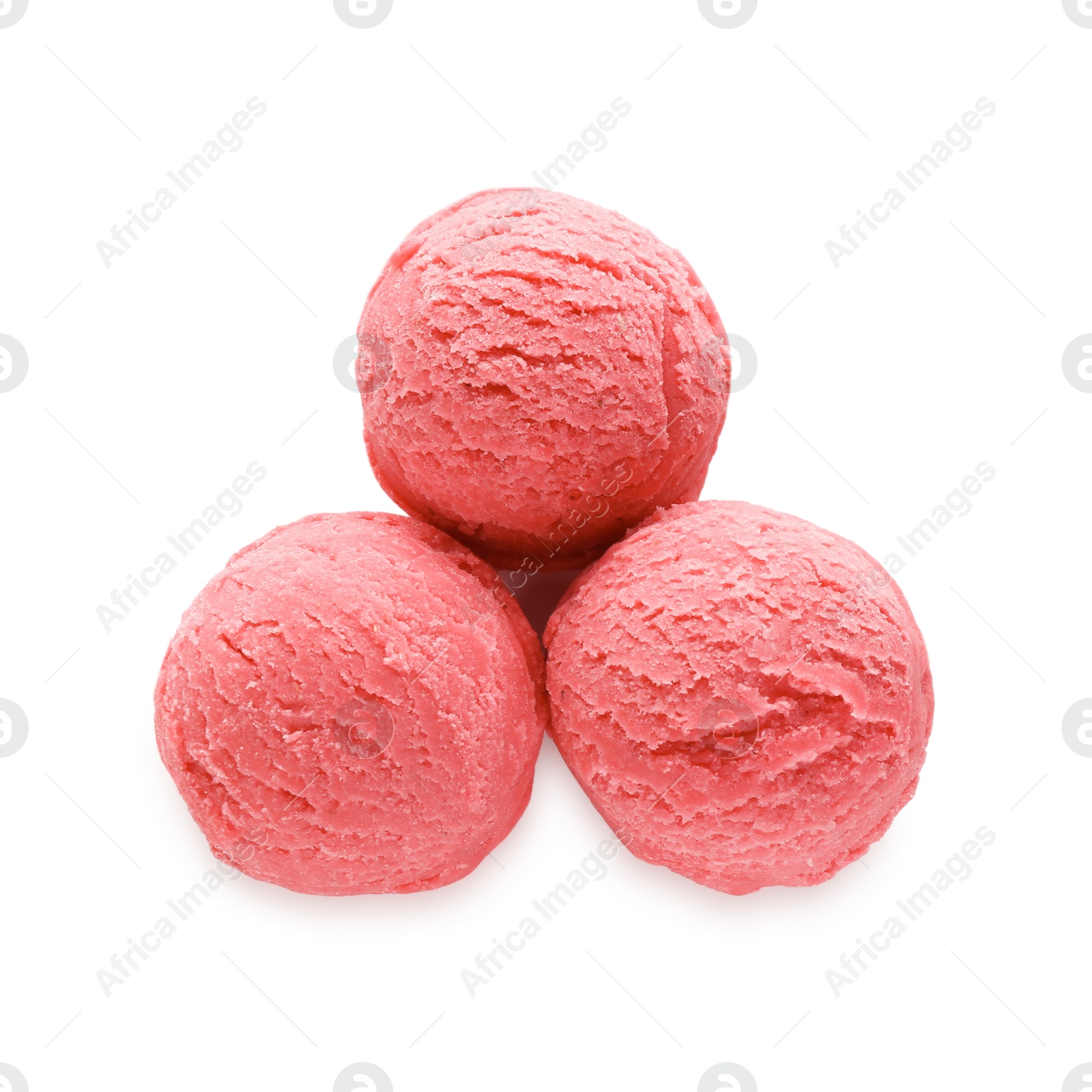 Photo of Scoops of tasty watermelon sorbet isolated on white, top view