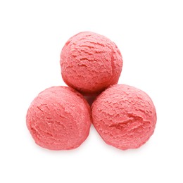 Photo of Scoops of tasty watermelon sorbet isolated on white, top view