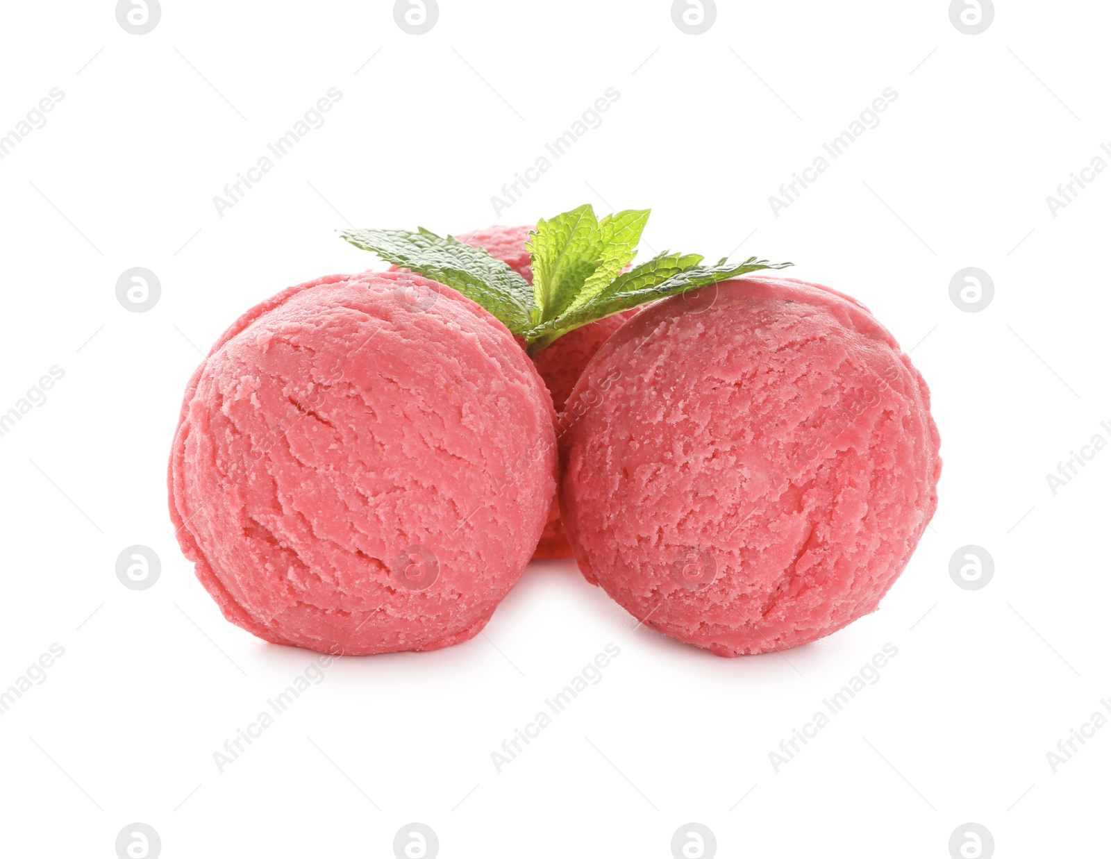 Photo of Scoops of tasty watermelon sorbet and mint isolated on white