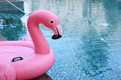 Inflatable float in shape of flamingo near outdoor swimming pool