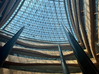 Glass roof of hotel building, bottom view