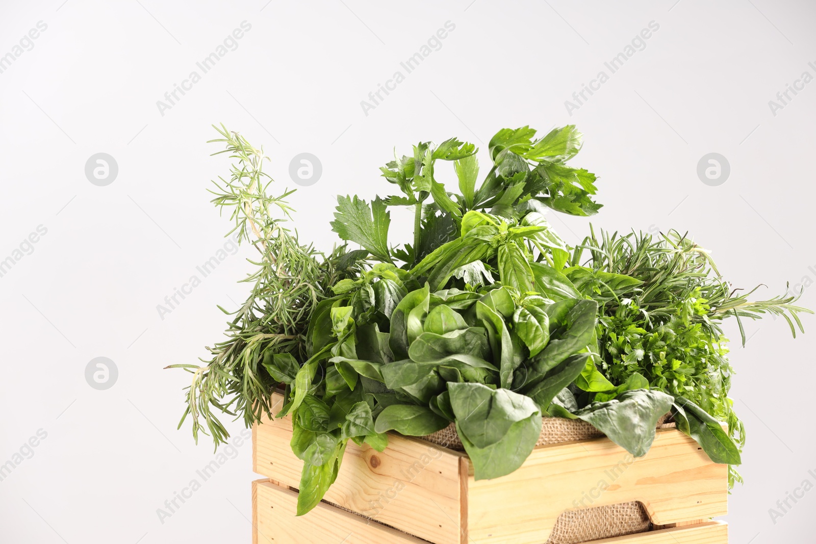 Photo of Different fresh herbs in wooden basket on light grey background, closeup