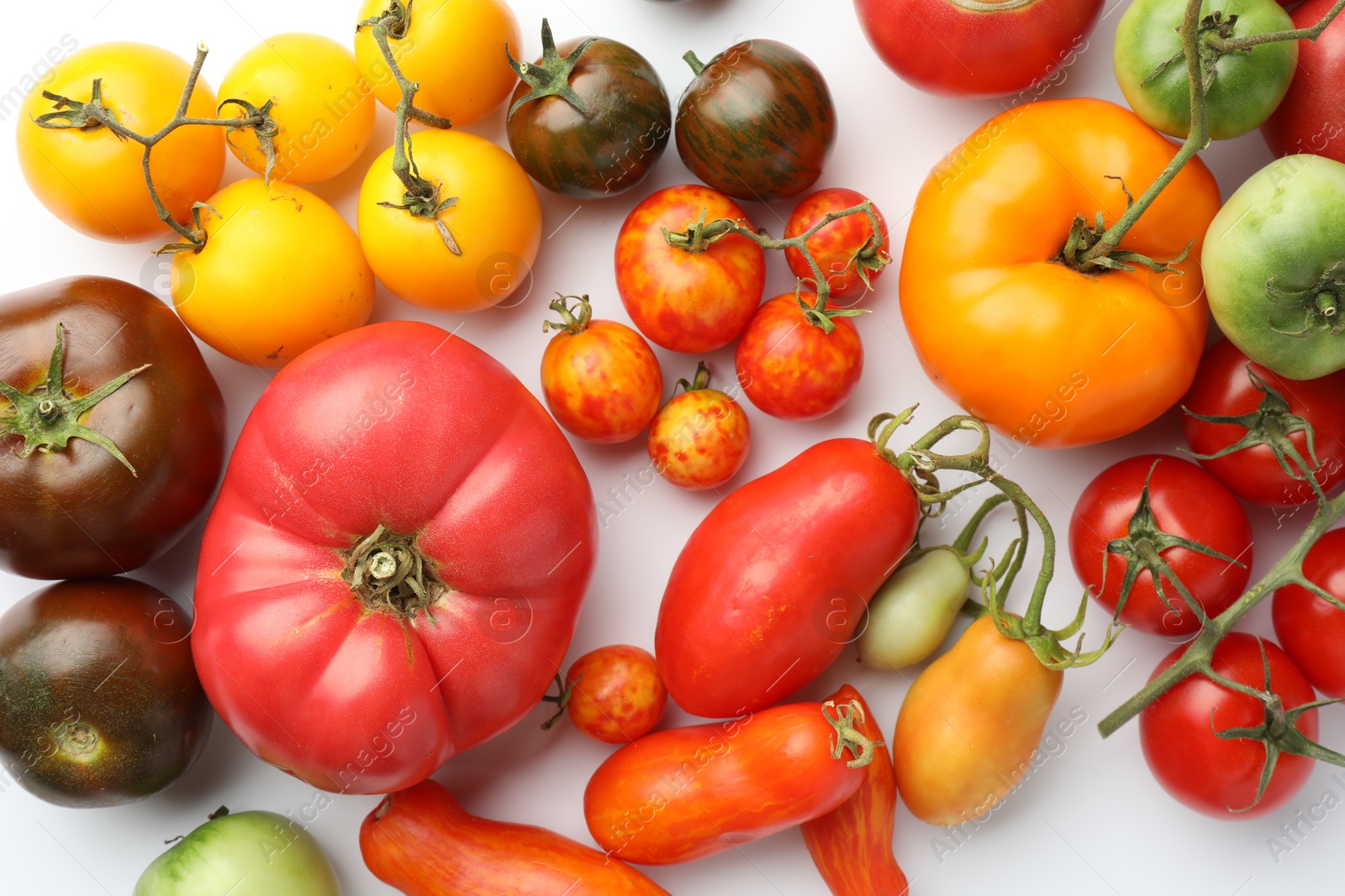 Photo of Different ripe tomatoes on white background, flat lay