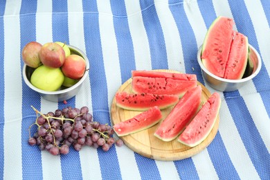 Photo of Fresh watermelon, grapes and apples on blanket