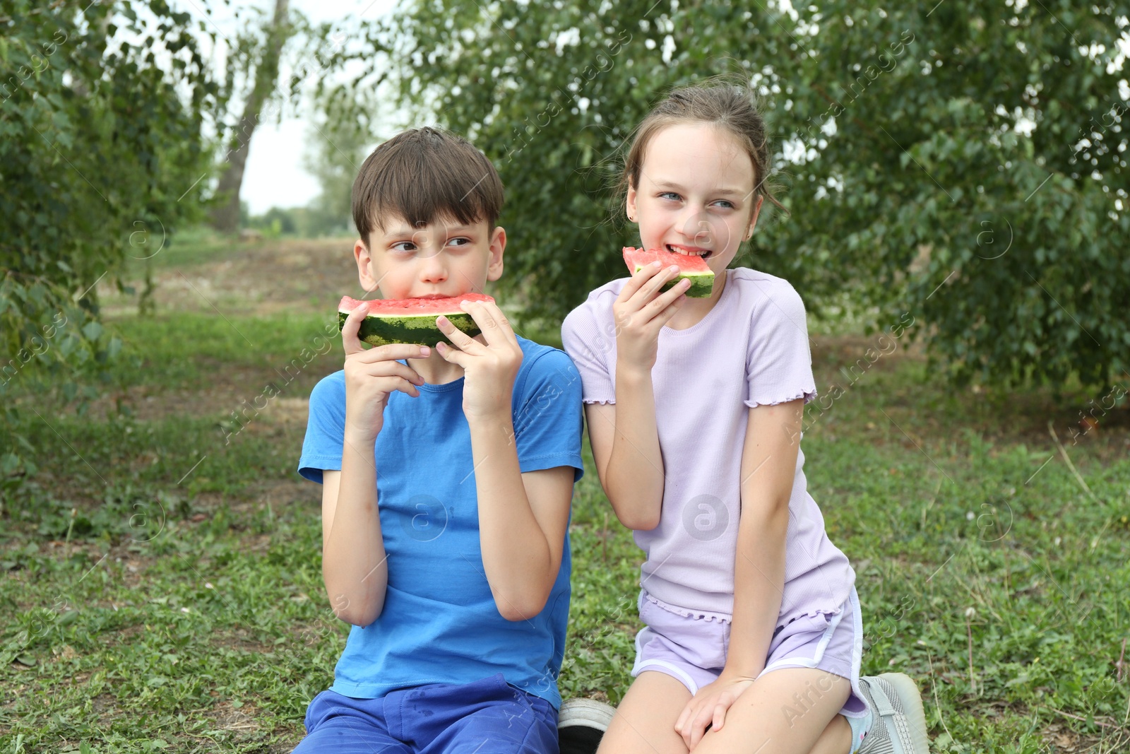 Photo of Cute little kids eating fresh watermelon outdoors