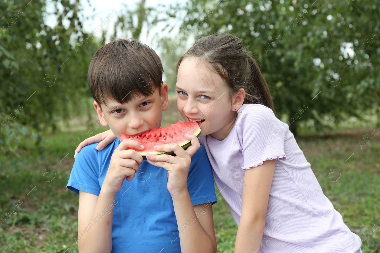 Photo of Cute little kids eating fresh watermelon outdoors