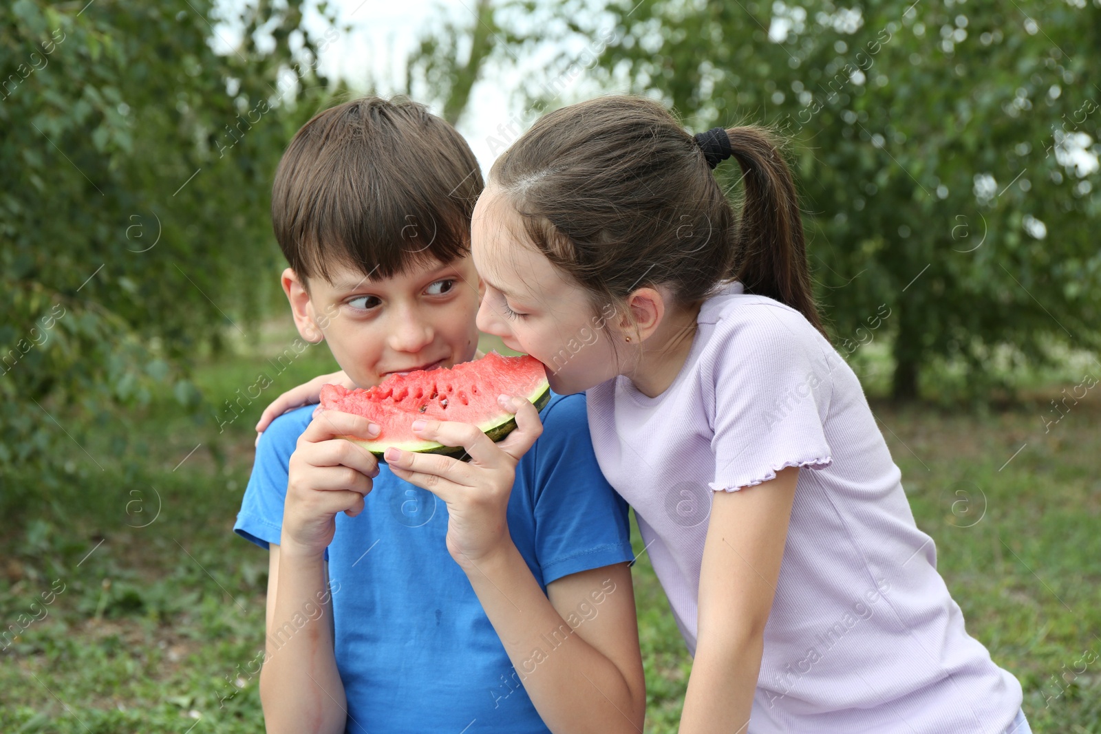 Photo of Cute little kids eating fresh watermelon outdoors