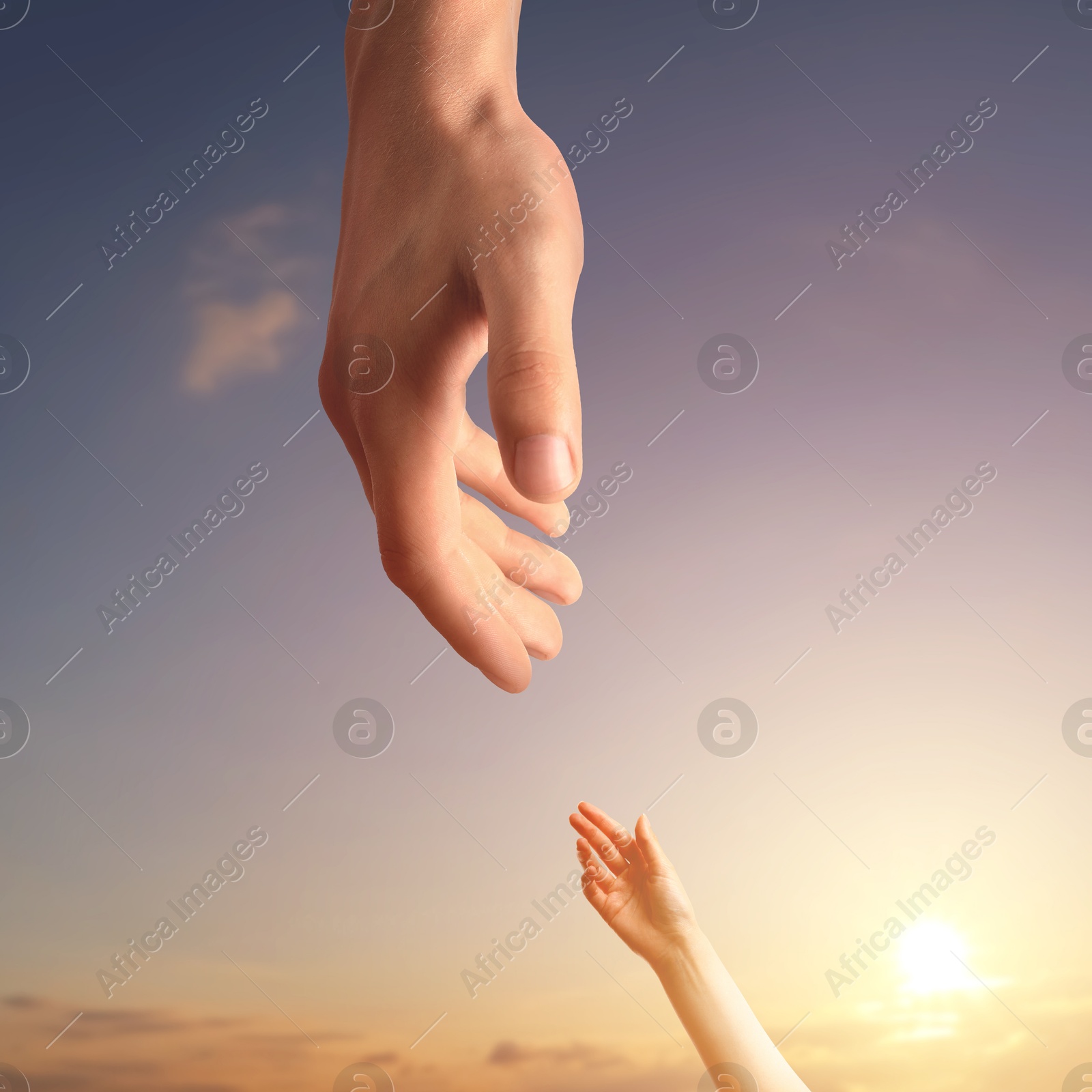 Image of God's help and support. Human reaching for hand from heaven