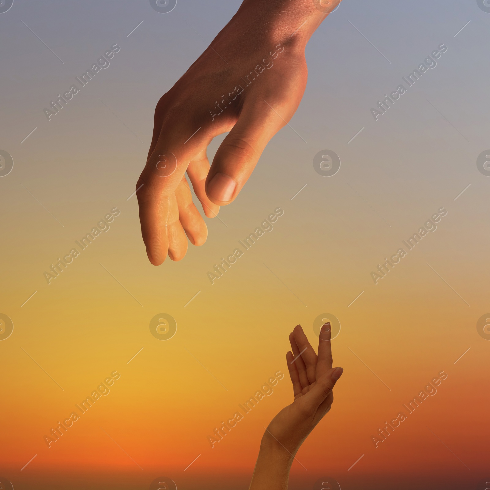 Image of God's help and support. Human reaching for hand from heaven