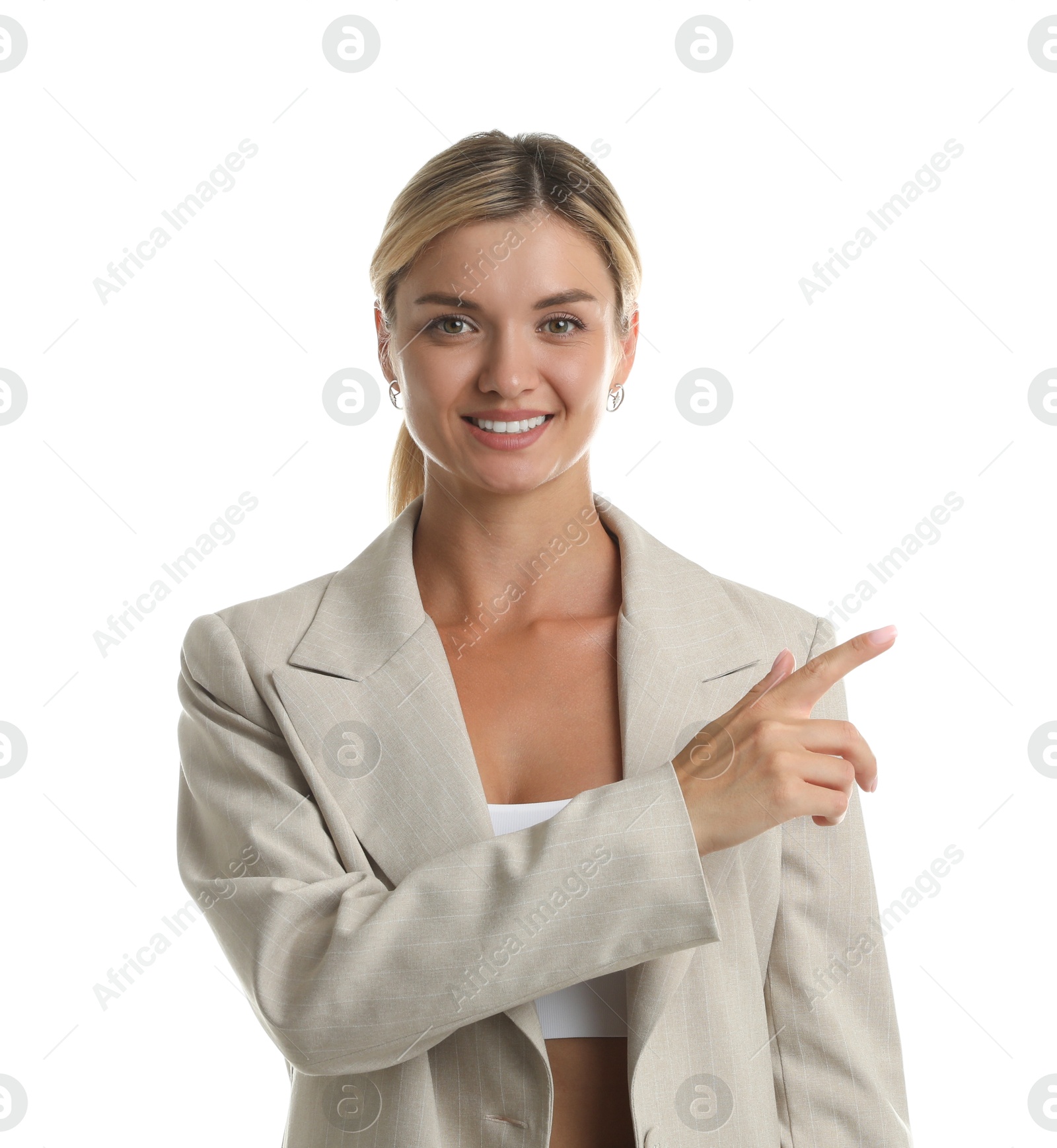 Photo of Beautiful woman in stylish suit on white background