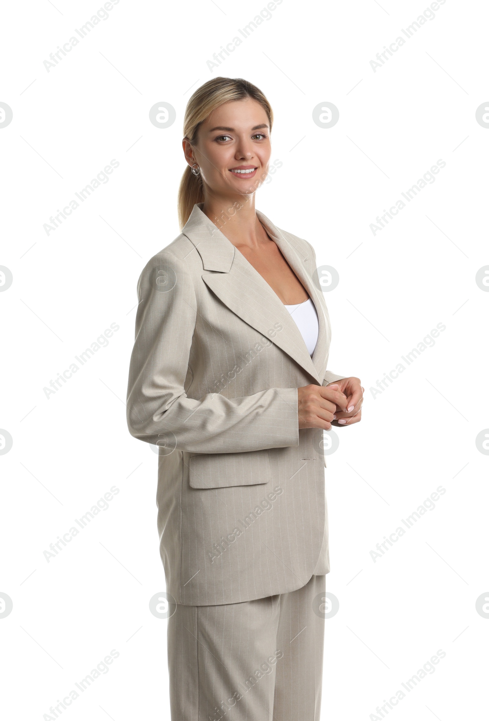 Photo of Beautiful woman in stylish suit on white background