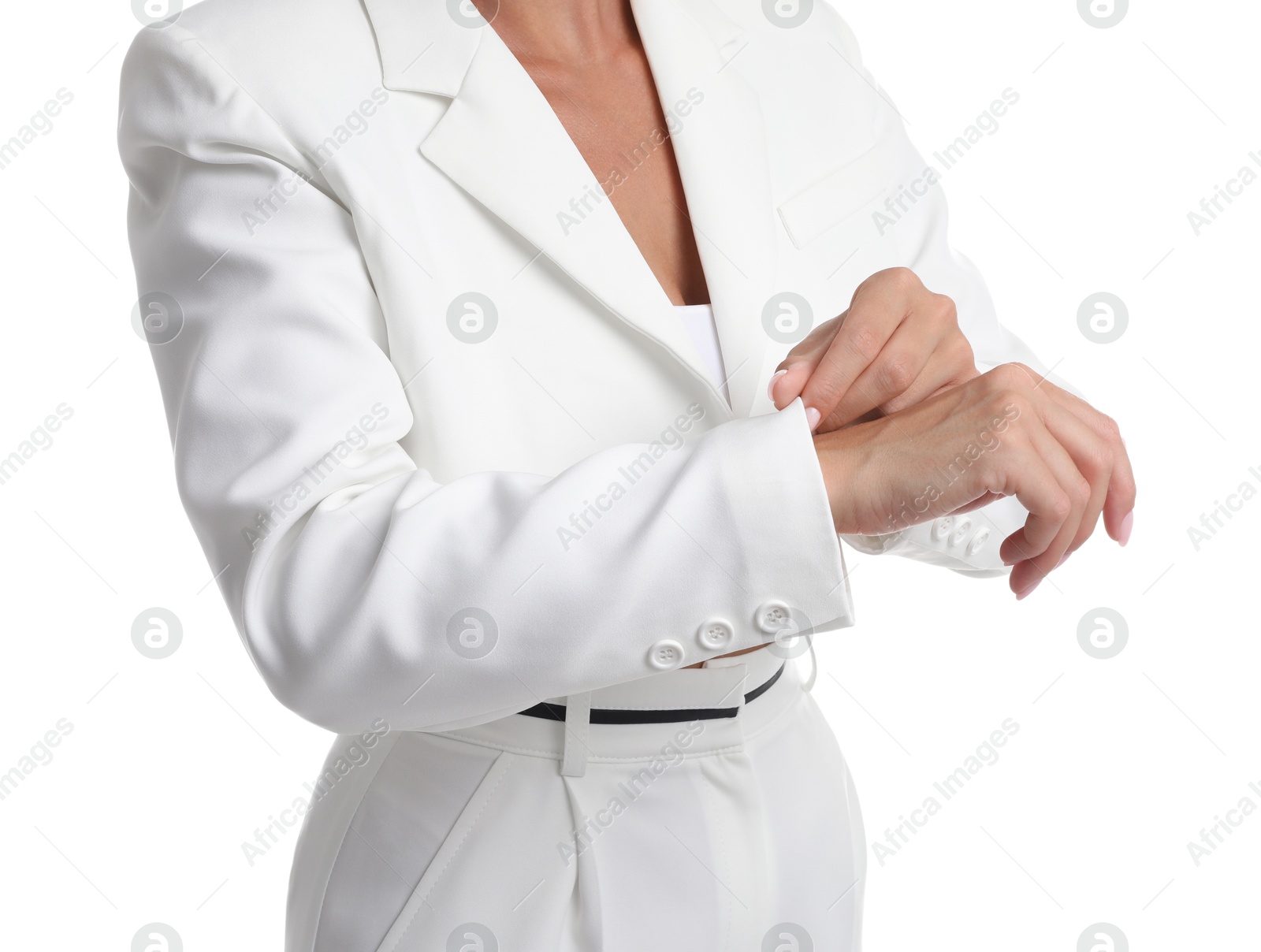 Photo of Woman in stylish suit on white background, closeup