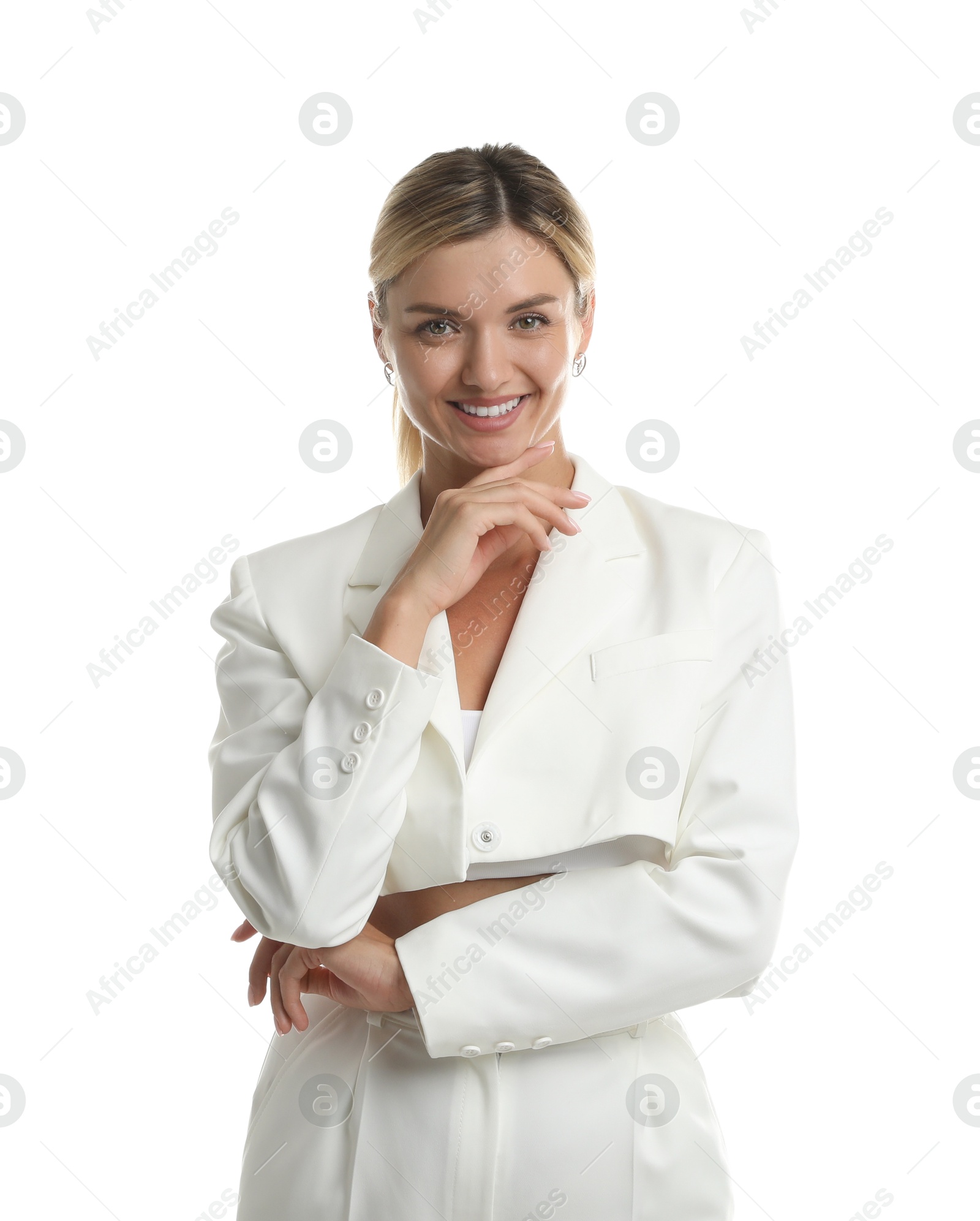 Photo of Beautiful woman in stylish suit on white background