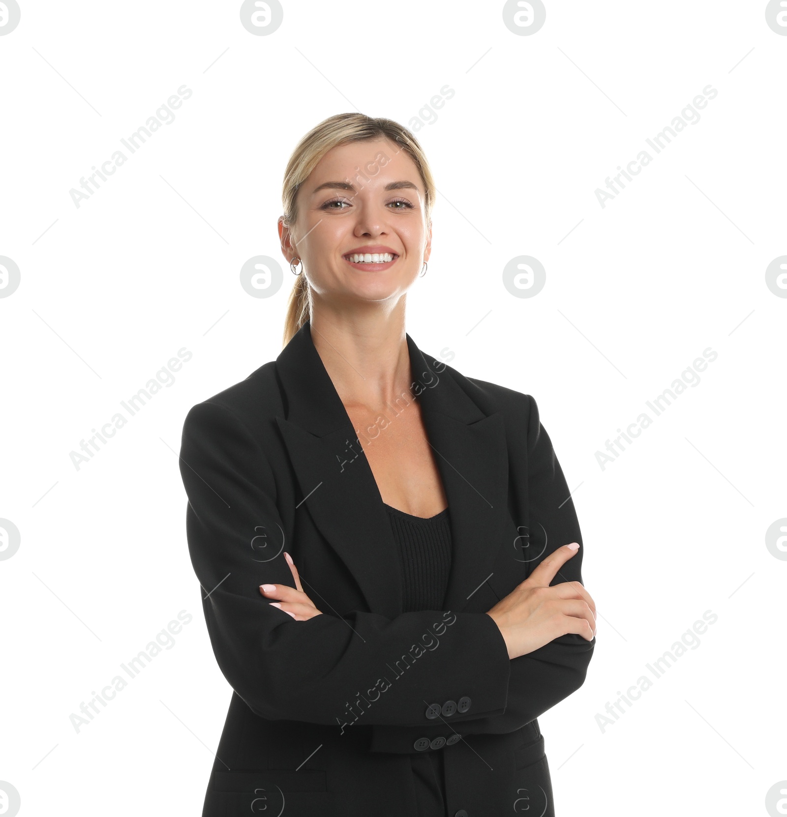 Photo of Beautiful woman in stylish suit on white background