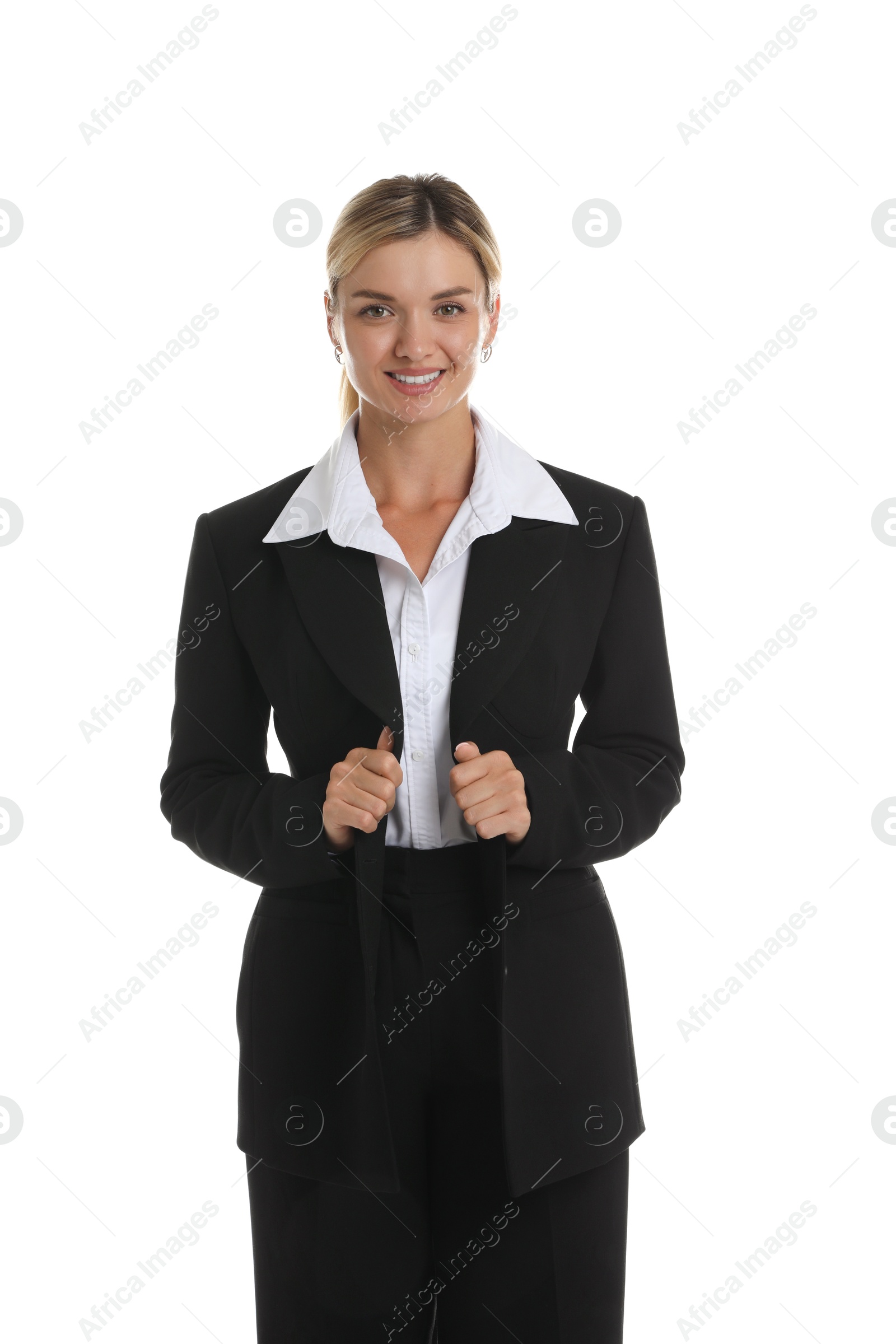 Photo of Beautiful woman in stylish black suit on white background