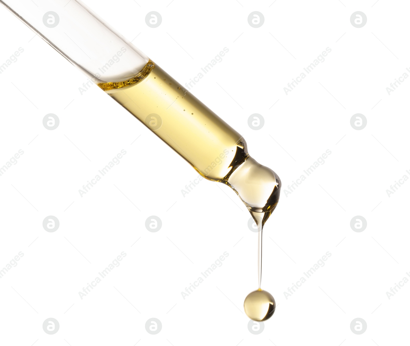 Photo of Essential oil dripping from pipette against white background