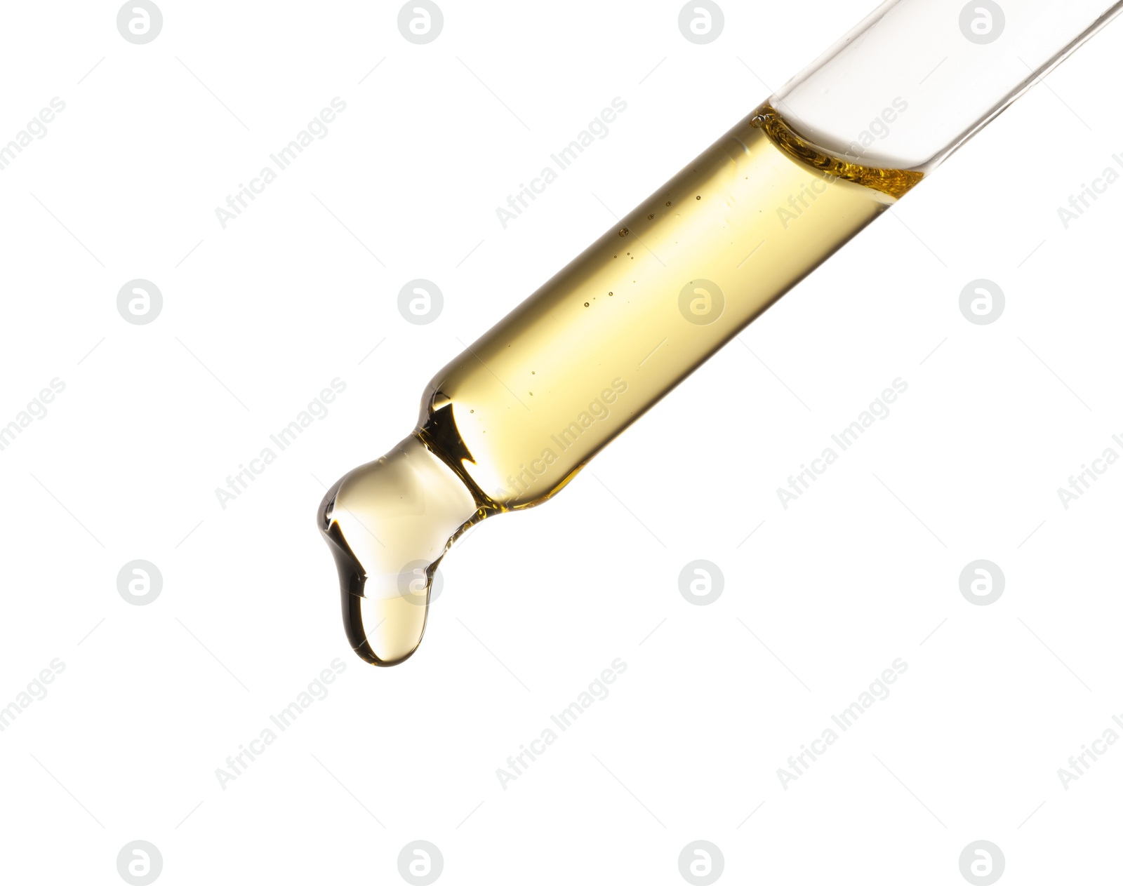 Photo of Essential oil dripping from pipette against white background