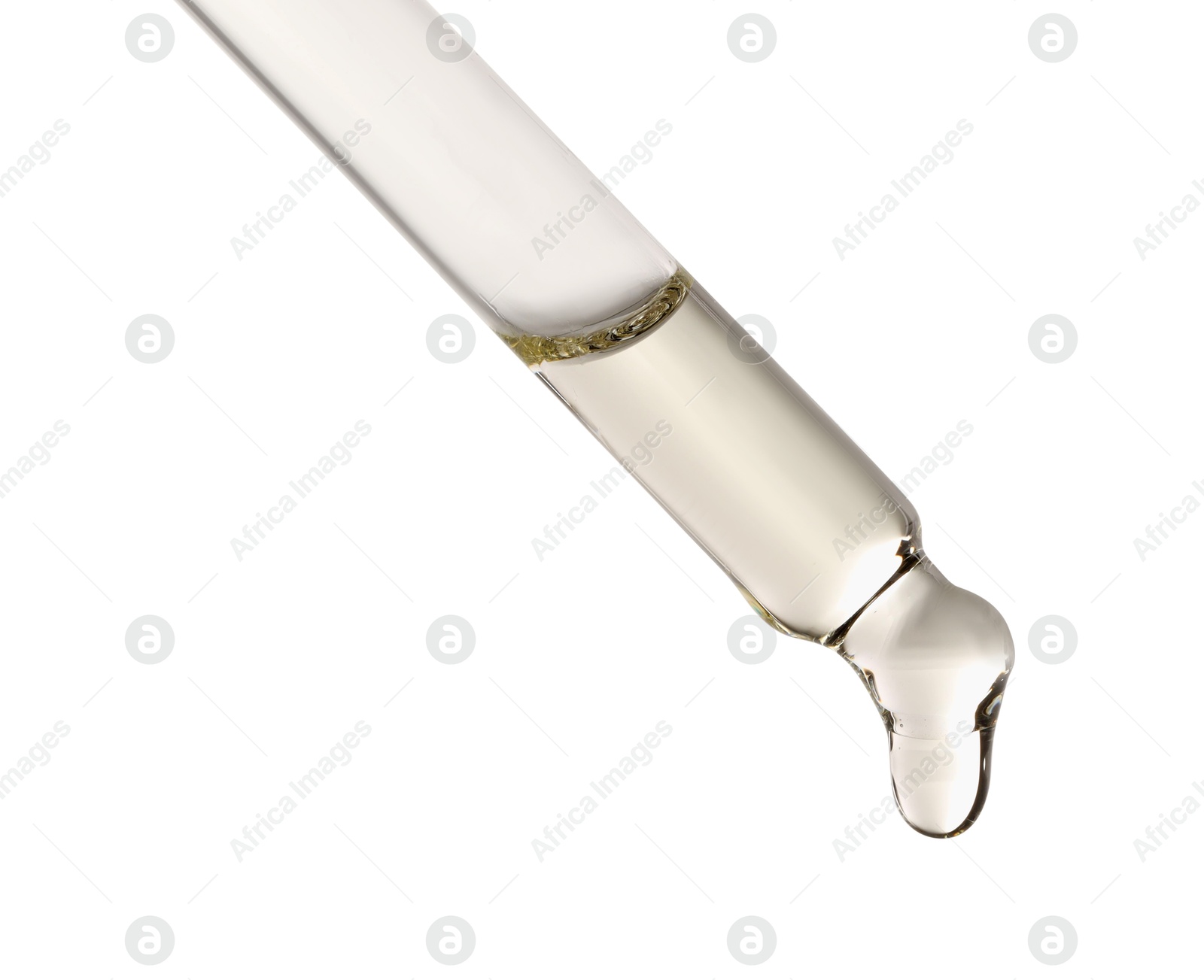 Photo of Essential oil dripping from pipette against white background