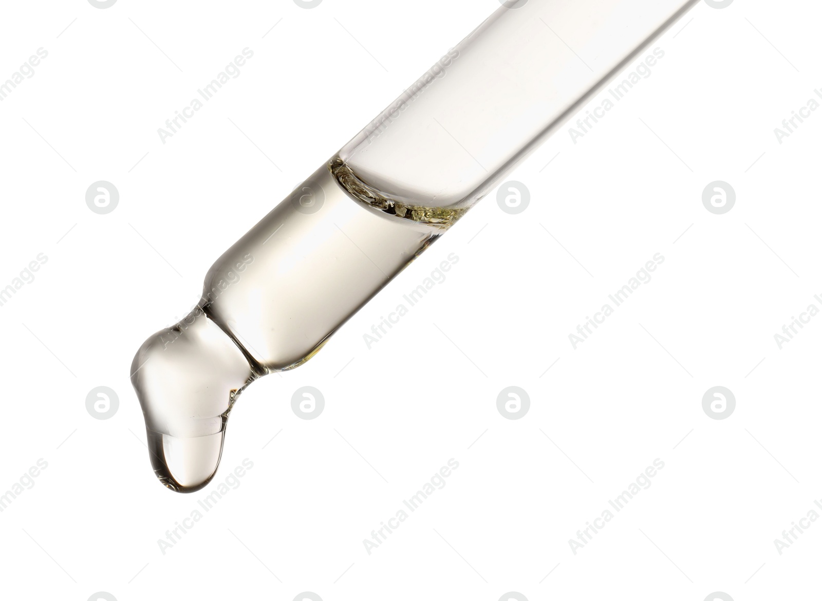 Photo of Essential oil dripping from pipette against white background