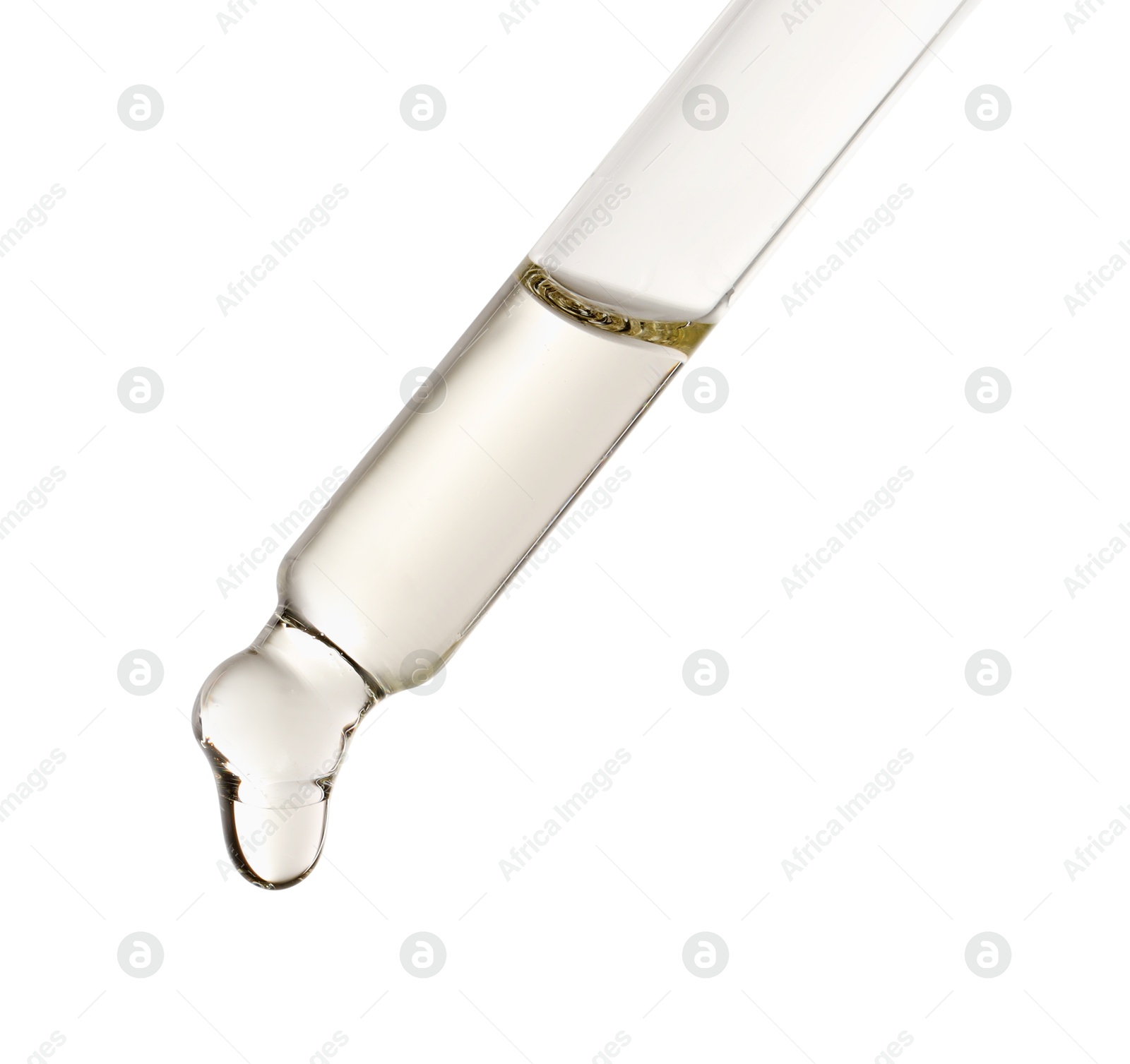 Photo of Essential oil dripping from pipette against white background