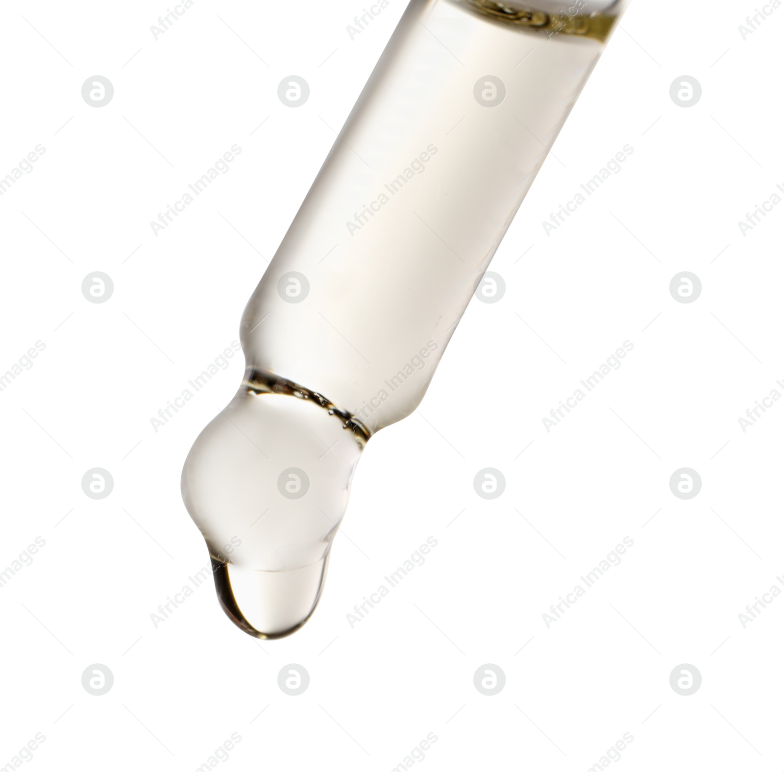 Photo of Essential oil dripping from pipette against white background