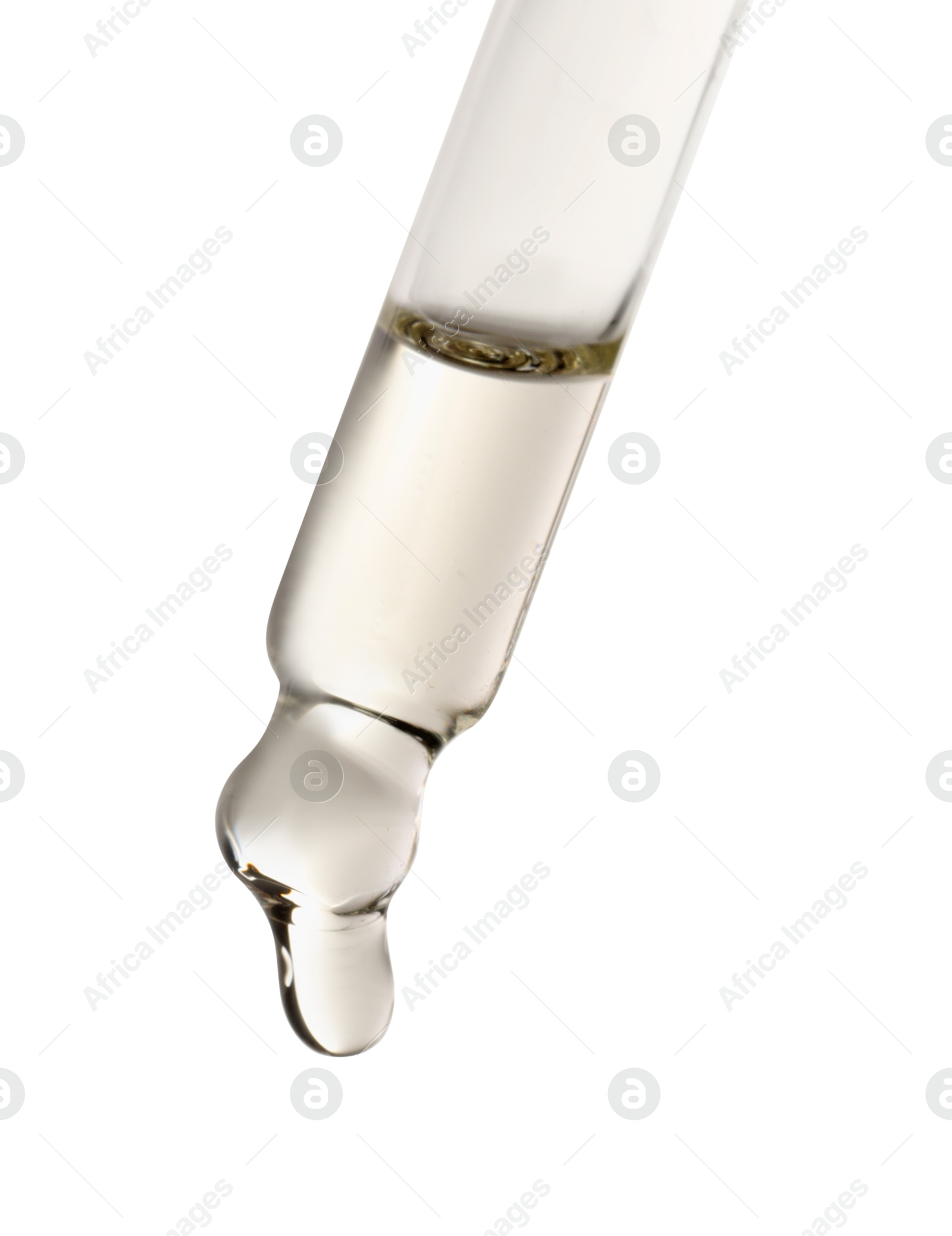 Photo of Essential oil dripping from pipette against white background