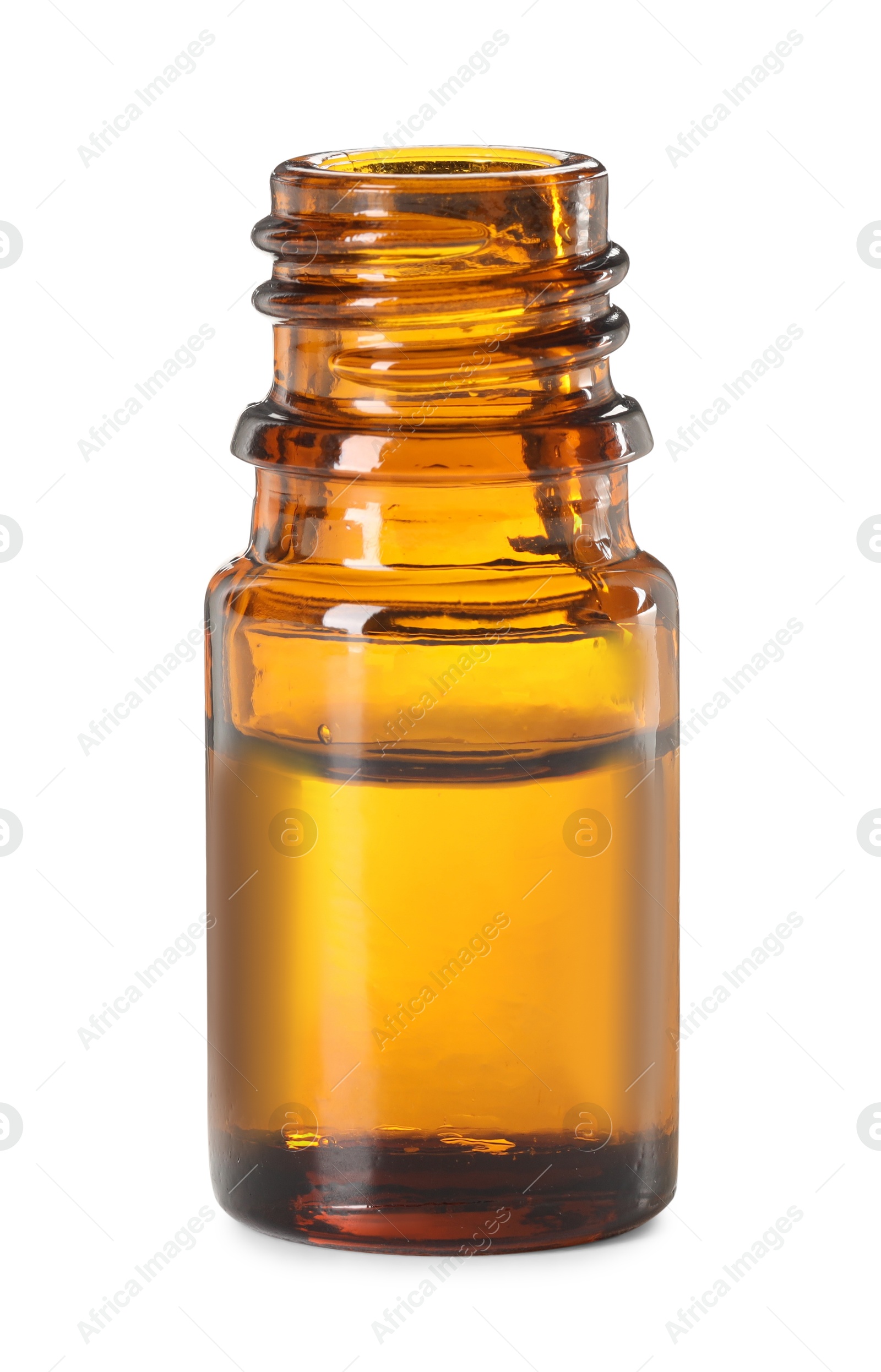 Photo of Essential oil in bottle isolated on white