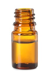 Photo of Essential oil in bottle isolated on white