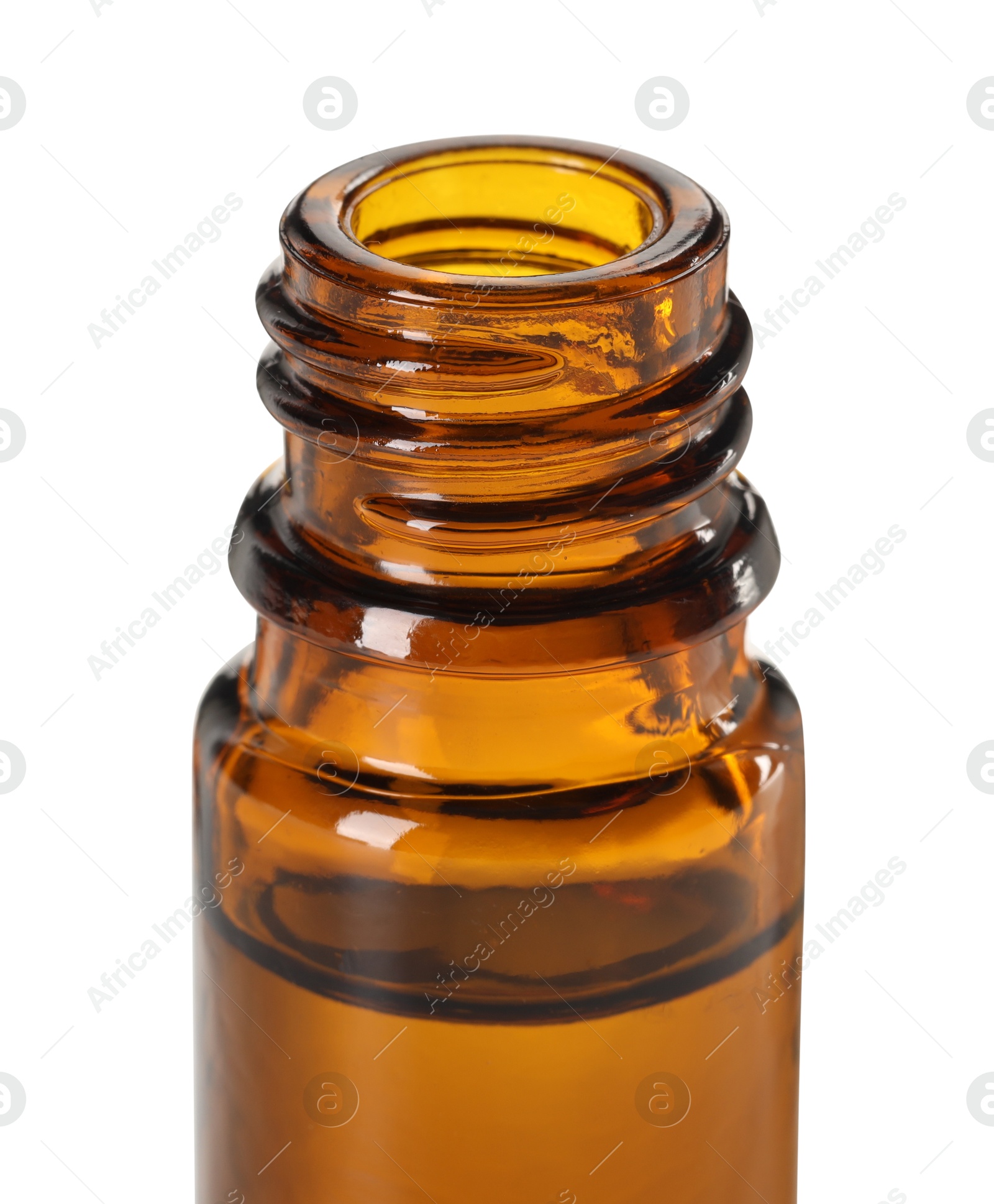 Photo of Essential oil in bottle isolated on white