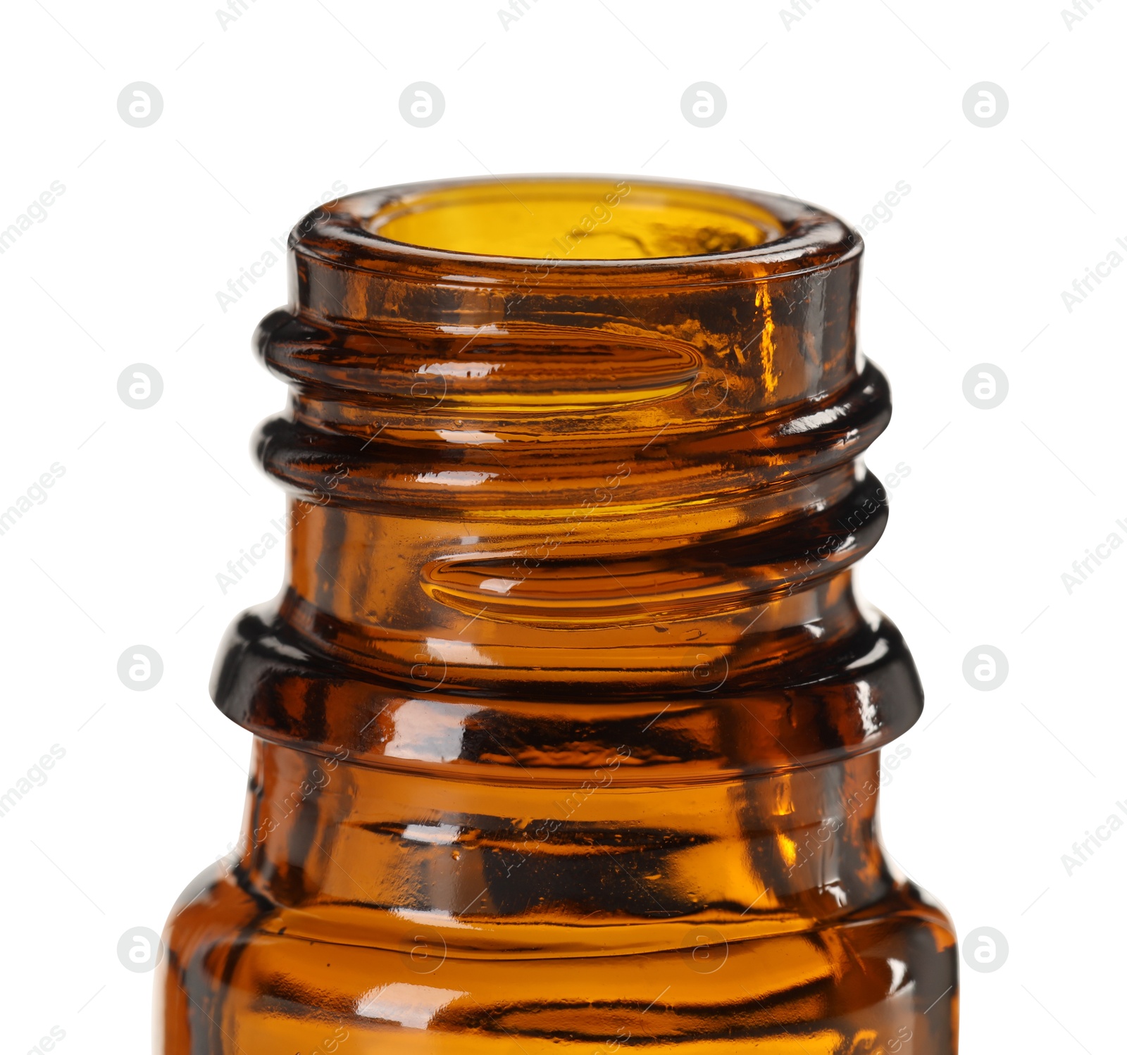 Photo of Essential oil in bottle isolated on white