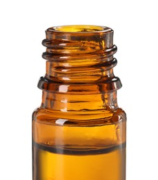 Photo of Essential oil in bottle isolated on white