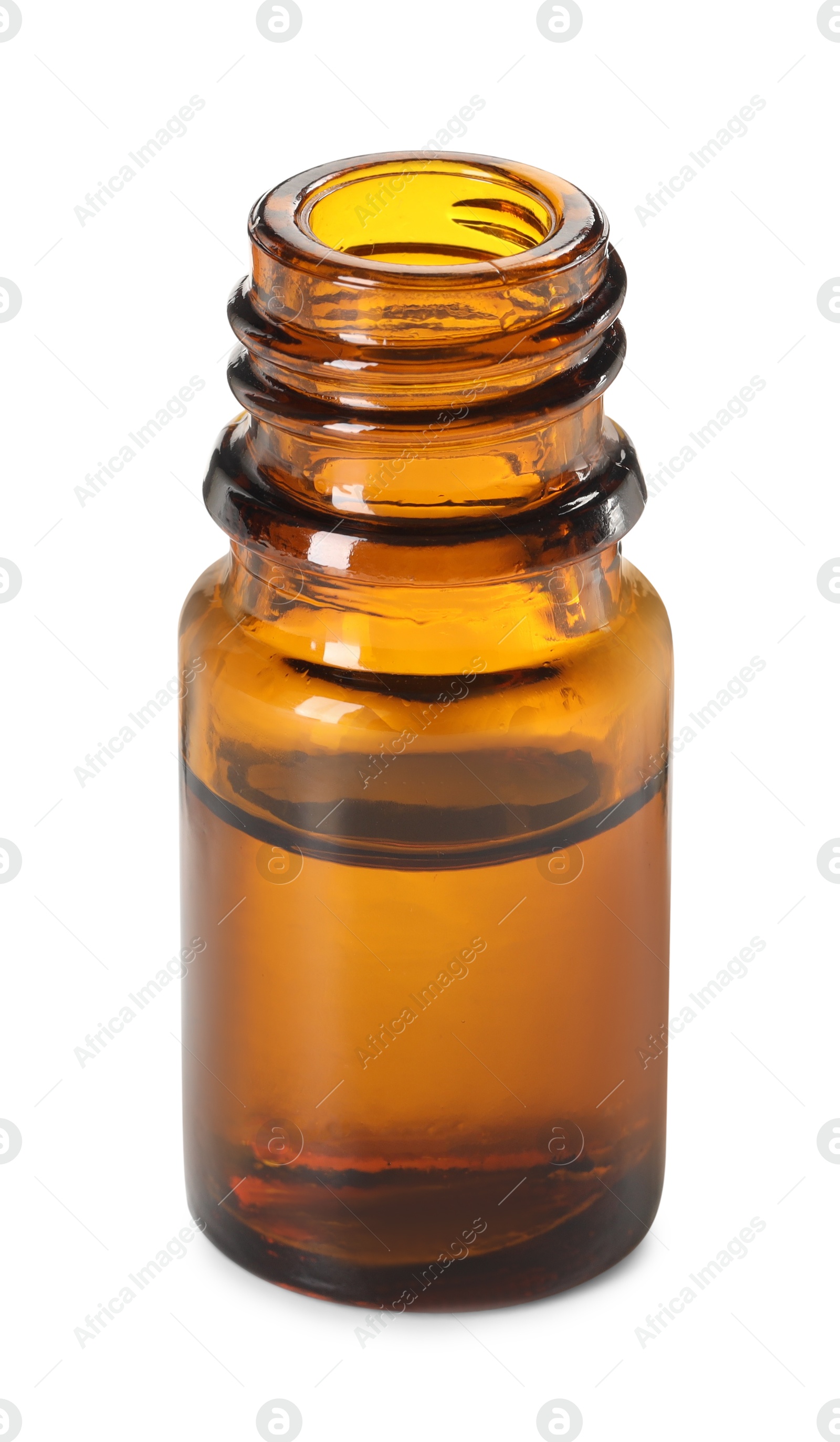 Photo of Essential oil in bottle isolated on white