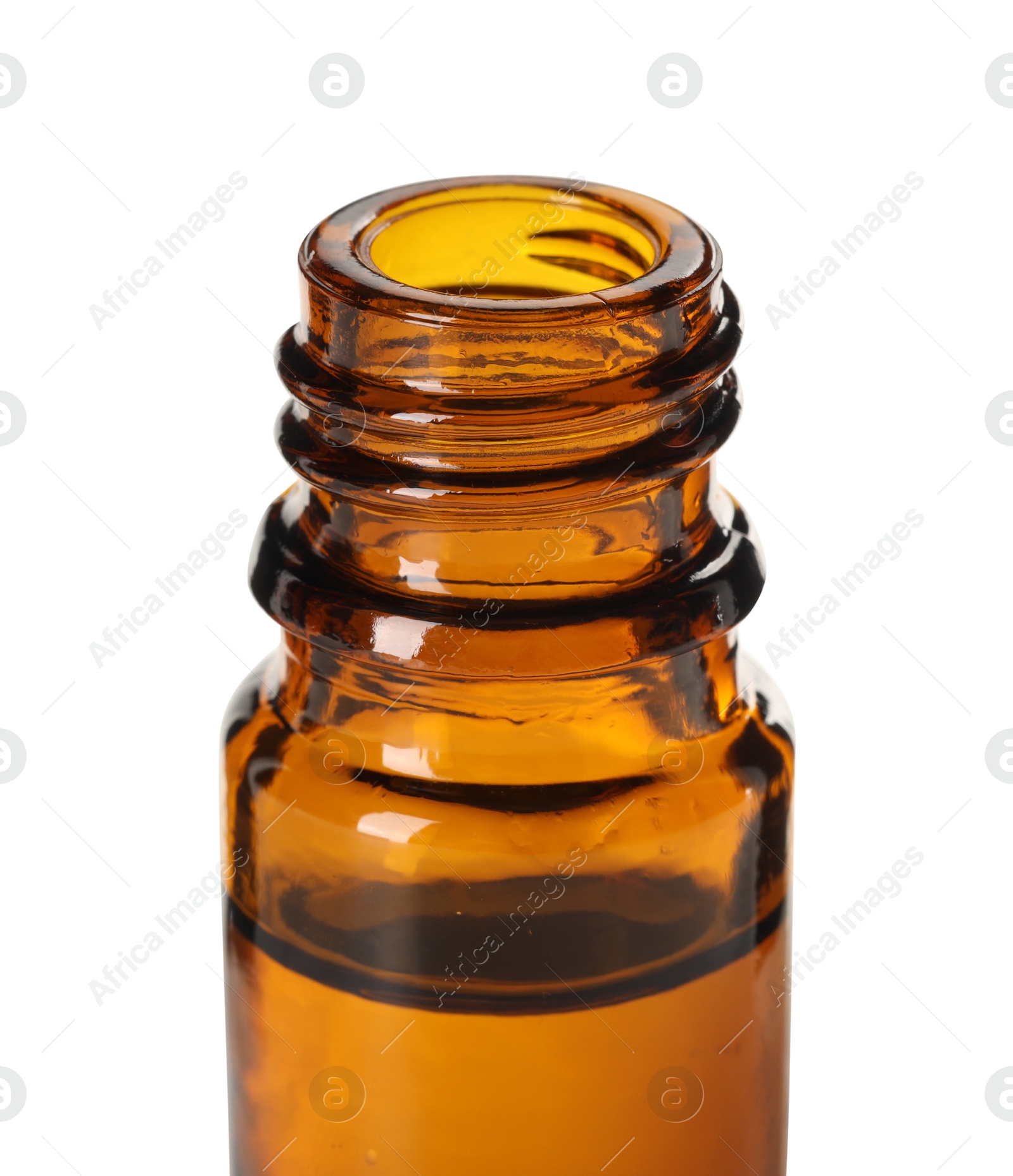 Photo of Essential oil in bottle isolated on white