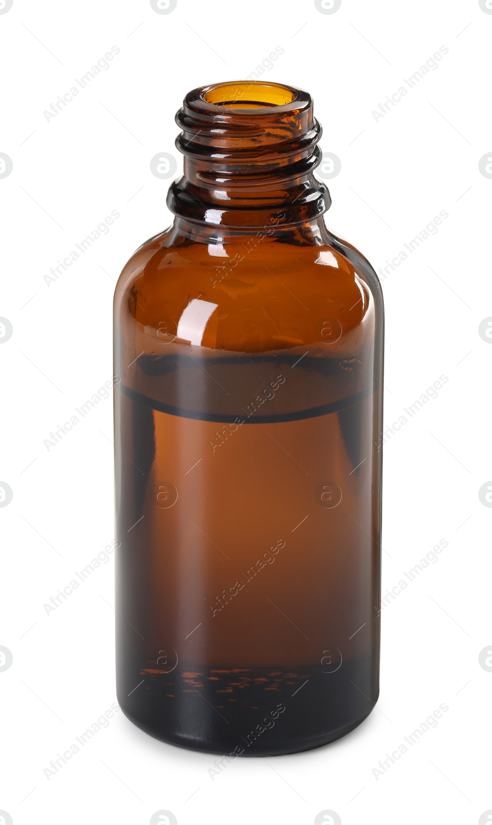 Photo of Essential oil in bottle isolated on white