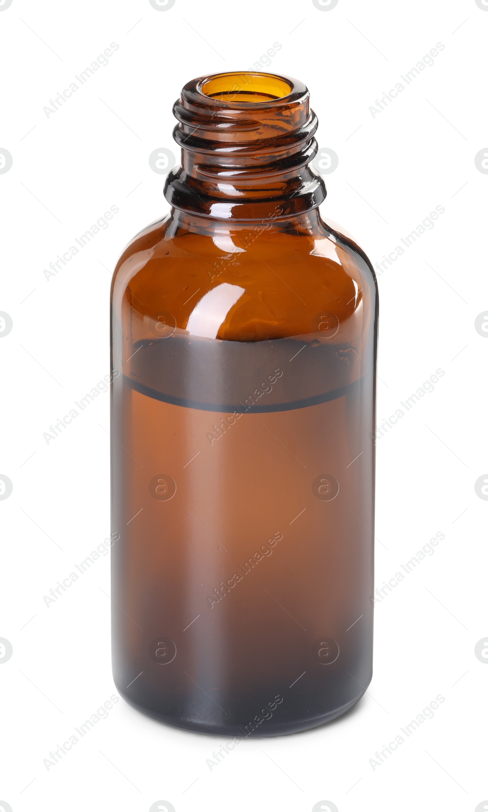 Photo of Essential oil in bottle isolated on white