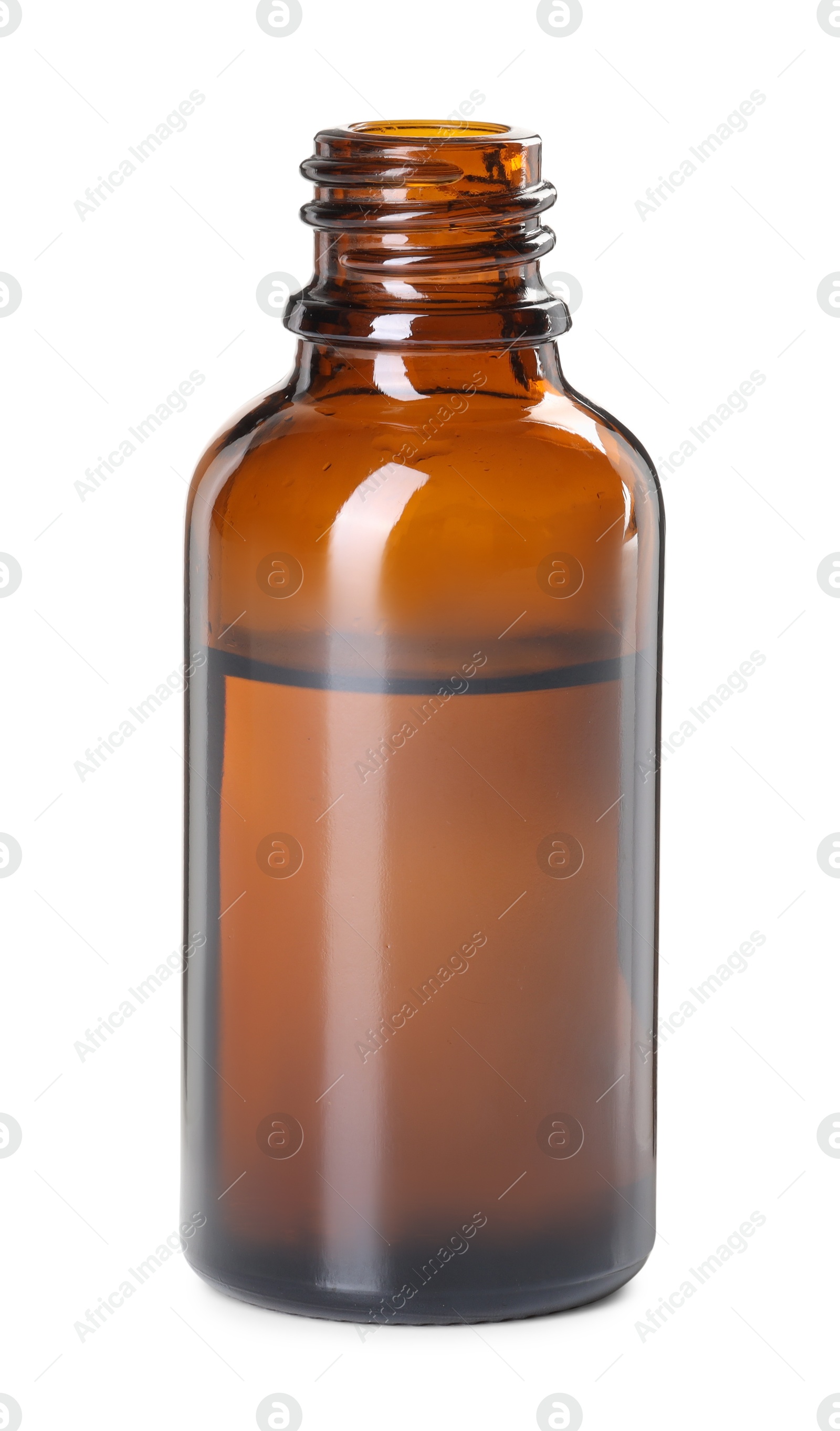 Photo of Essential oil in bottle isolated on white