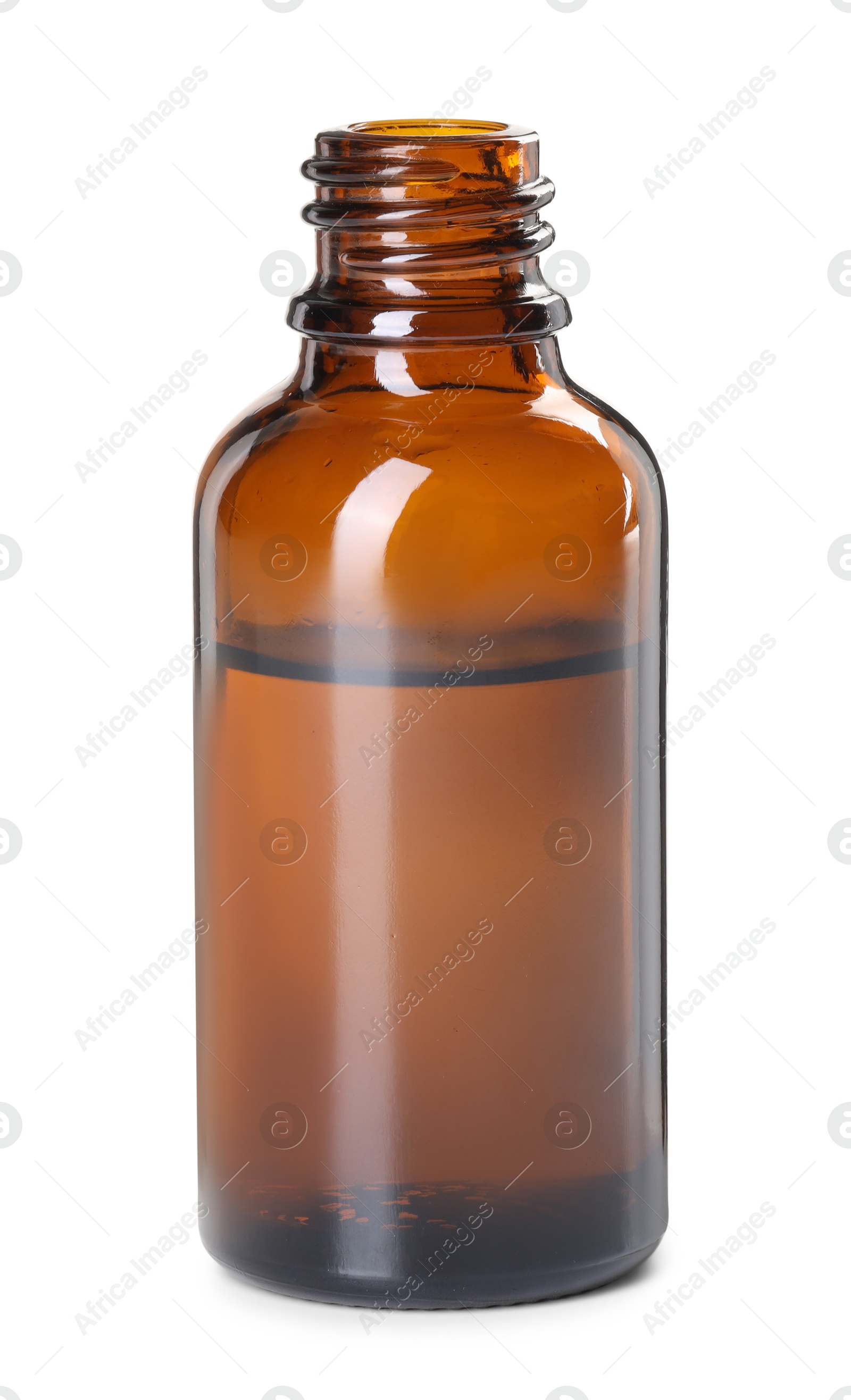 Photo of Essential oil in bottle isolated on white