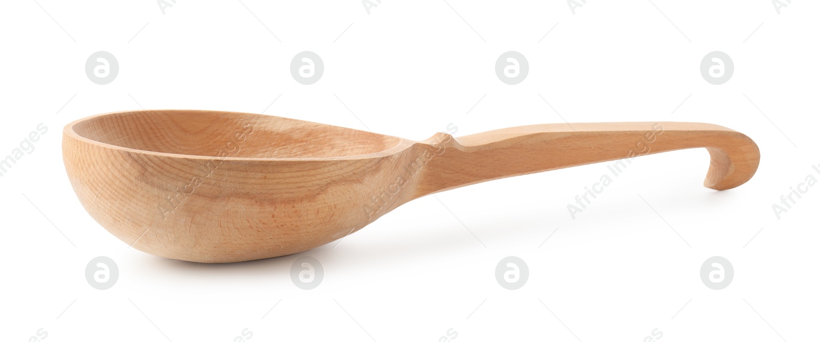 Photo of Sauna equipment. Wooden ladle isolated on white