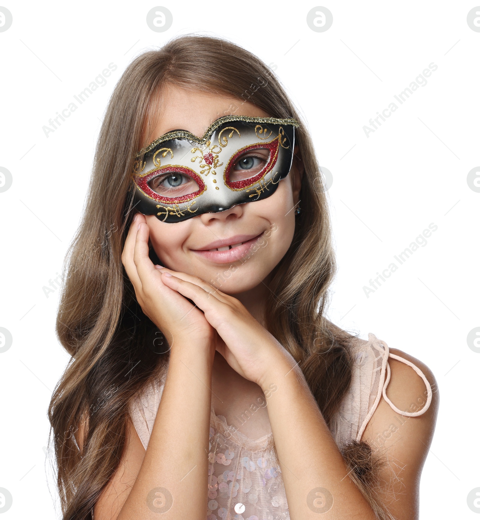 Photo of Cute girl wearing carnival mask on white background