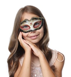 Photo of Cute girl wearing carnival mask on white background