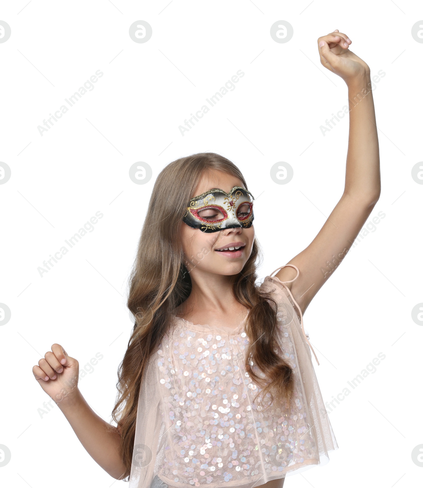 Photo of Cute girl wearing carnival mask on white background