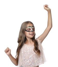 Photo of Cute girl wearing carnival mask on white background